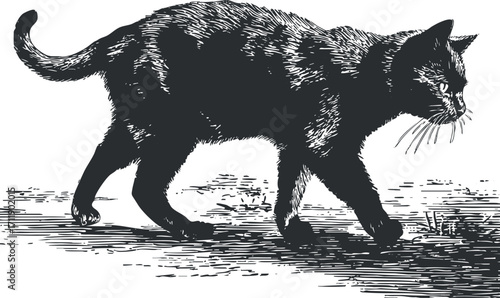 A detailed vintage illustration of a cat walking in a natural setting.