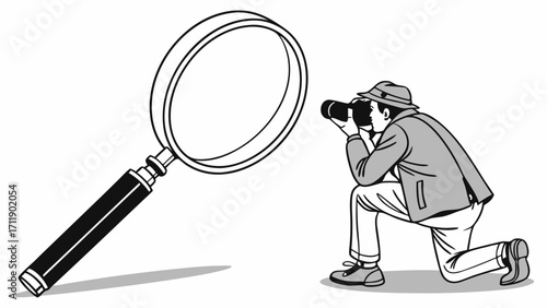 Photographer Kneeling with Magnifying Glass and Camera.