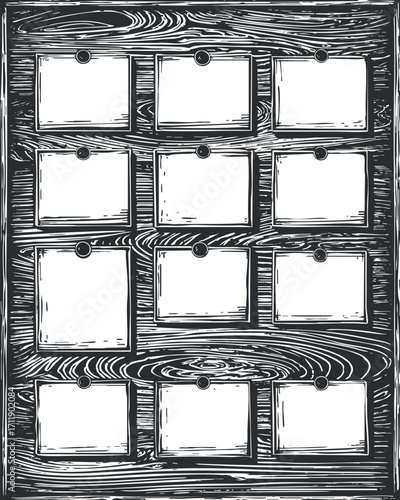 A vintage wooden bulletin board with empty frames for notes or pictures ready for personalization.