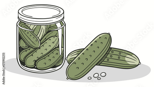 Pickled cucumbers in a jar illustration food preserving canning vegetables kitchen cooking recipe healthy eating diet freshness green brine jarred gourmet delicious snack appeti.