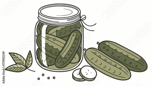Pickled Cucumbers in Jar Fresh Pickles Dill Pickles Homemade Preserves Canning Food Illustration Vegetable Illustration.