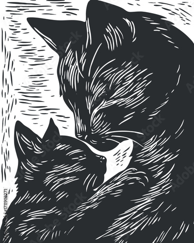 A heartwarming illustration of a mother cat cuddling with her kitten in black and white.