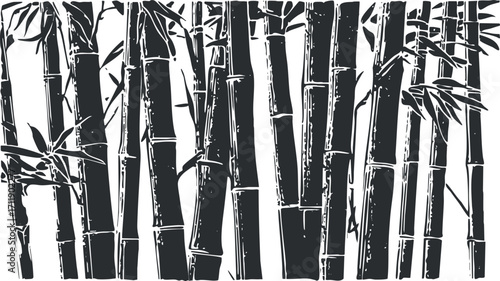 A minimalistic black and white illustration of bamboo stalks with leaves and trunks.