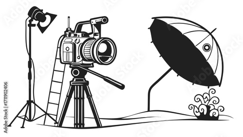 Professional Filmmaking Equipment Setup Studio Camera on Tripod Lighting and Reflector Illustration Black and White Design.