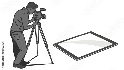 Professional Videographer Filming with Camera on Tripod and Tablet Display Video Production Filmmaking Digital Media Illustration.