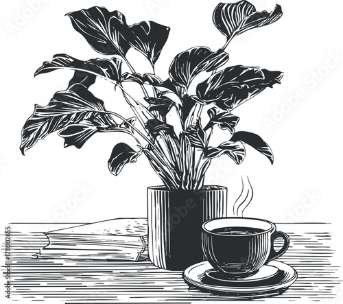A minimalist illustration of a potted plant and a steaming cup of coffee.