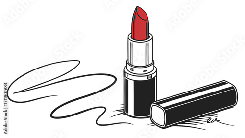 Red Lipstick Tube Open Case Makeup Cosmetic Product Illustration Design Element.