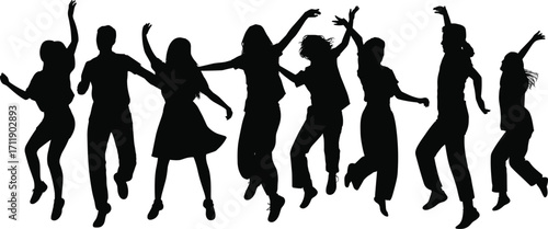 Silhouette group dance, people jumping, happy friends, fun celebration, crowd dancing, party lifestyle, joyful youth, movement freedom, social gathering, energetic motion
