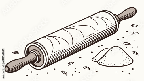 Rolling Pin Illustration Baking Tool Kitchen Utensil Dough Roller Pastry Cooking Food Preparation Spices Herbs Recipe Baking Supplies Bakery Culinary Vintage Style Line Art Graphic.