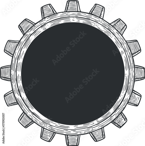 A vintage circular gear illustration with a blank center for customizable designs.