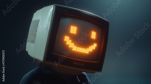 Person wearing a vintage computer monitor helmet with glowing smiley face, in black studio lighting