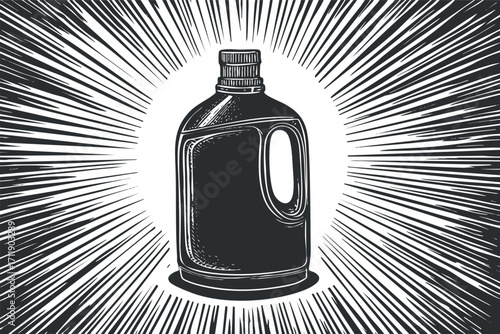 Illustration of a vintage bottle with rays of light in black and white style