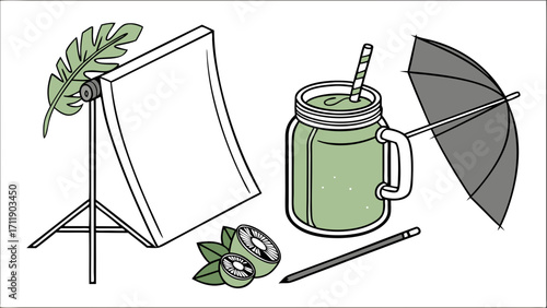 Smoothie illustration blank canvas pencil umbrella tropical leaf design healthy drink isometric view graphic design element flat lay food and drink illustration menu design website ban.