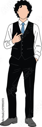 Confident Businessman in Formal Attire with Vest and Tie Standing in Assertive Pose Isolated on White Background for Professional Use