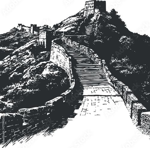Illustration of the Great Wall of China winding through mountainous terrain showcasing historical architecture.