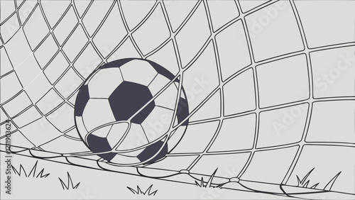 Soccer Ball in Net Goal Sports Illustration Black and White Graphic Design Line Art Vector.