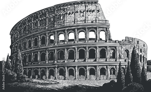 An artistic illustration of the Colosseum in Rome showcasing its iconic architectural features.