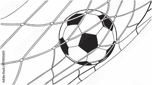 Soccer ball in net goal sports game competition illustration graphic black and white vector design element artwork monochrome drawing sketch line art simple clean abstract backg.