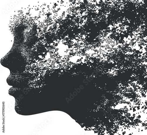 Abstract silhouette of a face blending into a cloud of particles representing thoughts and emotions.