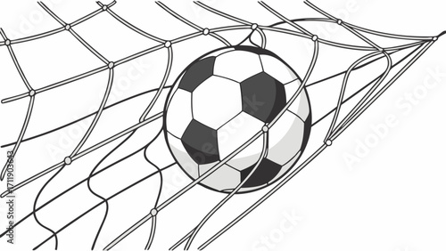 Soccer ball in net goal sports game victory competition championship illustration graphic design vector art black and white monochrome drawing artwork design element sports equipme.