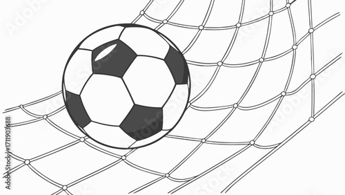 Soccer ball in net goal sports game victory success competition illustration graphic design element clipart vector drawing sketch black and white monochrome simple clean abstra.