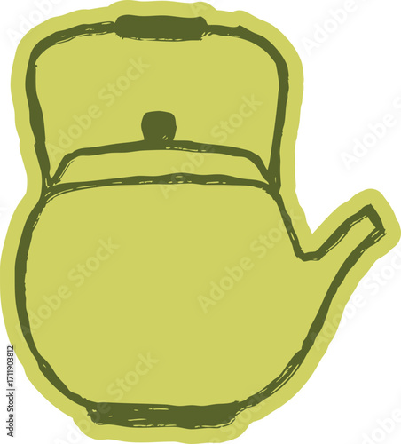 Japanese teapot sticker in a vintage hand drawn style. Retro doodle illustration of a kyusu for brewing matcha or green tea.