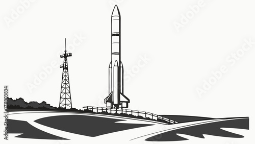 Space Rocket Launch Illustration Black and White Graphic Design Space Exploration Science Fiction Artwork.
