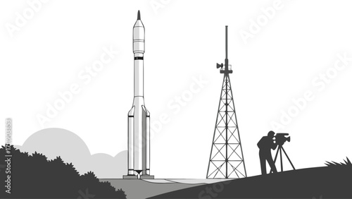 Space Rocket Launch Filmmaker Antenna Countdown Science Technology Illustration.