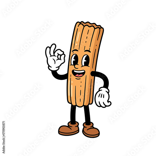 Retro Cartoon Churro Character with Okay Gesture and Smiling Face