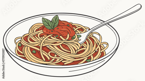 Spaghetti with tomato sauce in a bowl illustration food pasta cuisine dinner lunch menu restaurant recipe Italian food delicious tasty appetizing meal fork basil simple drawing.