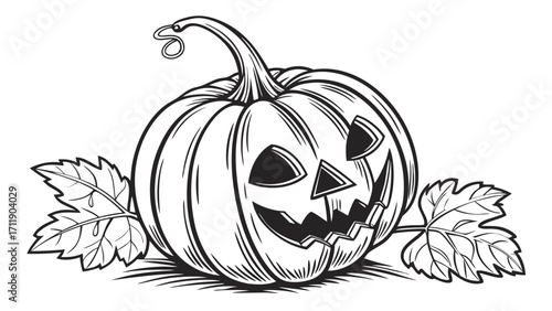 Spooky Jack-o-lantern pumpkin carving illustration Halloween design element black and white line art autumn harvest scary face festive decoration.