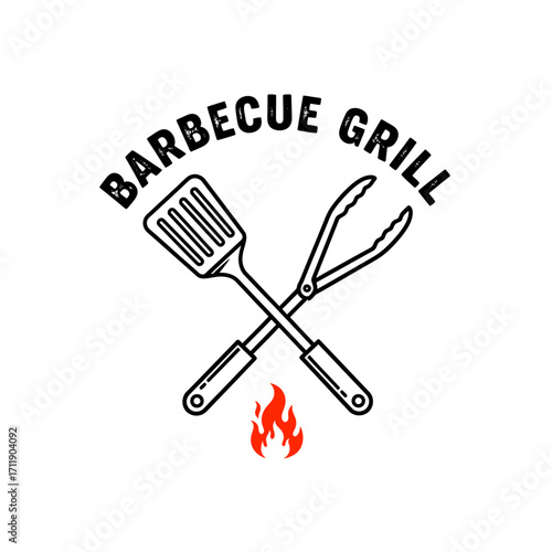 Crossed Grill Tools with Flames Barbecue Text and Cooking Utensils