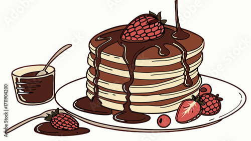 Stack of Pancakes with Chocolate Sauce and Berries Delicious Dessert Illustration Sweet Food Graphic Breakfast Menu Design.