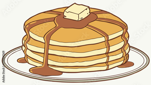Stack of Pancakes with Syrup and Butter Topping on a Plate.