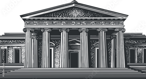A detailed illustration of a classical architectural building with columns and ornate design.