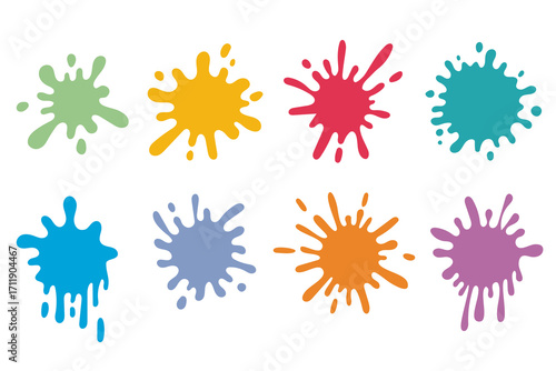 Colorful splatters with different shapes. Abstract stains and splashes. Ink blots collection. Vector illustration in flat style on white background.