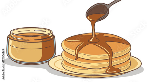 Stack of Pancakes with Syrup being poured from a Spoon and a Jar of Syrup.
