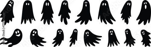 Collection of ghost silhouettes, spooky Halloween icons, scary spirits illustration, haunted design, creepy figures, horror elements, night creatures, paranormal artwork