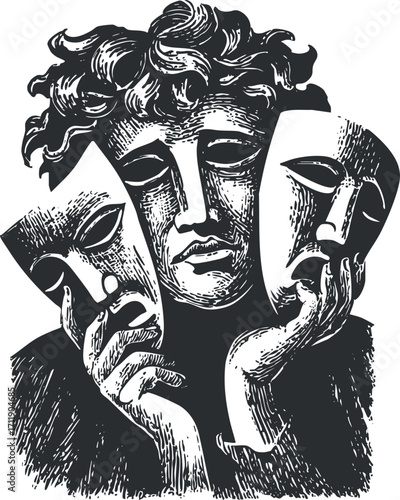 An artistic representation of human emotion featuring masks illustrating drama and creativity.
