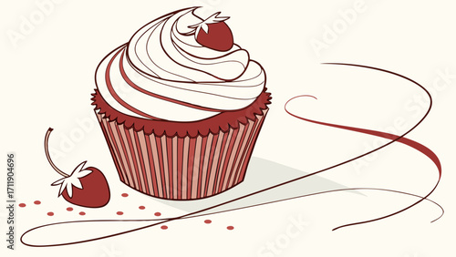 Strawberry cupcake with cream frosting and decorative swirls illustration.