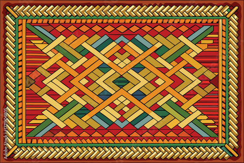 Vector art of colorful ethnic rug with geometric pattern and intricate border, showcasing traditional craftsmanship and vibrant design