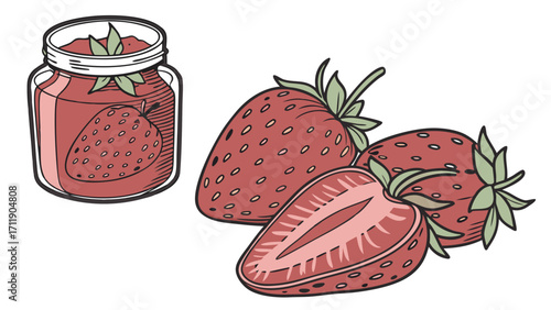 Strawberry Jam in a Jar with Fresh Strawberries.