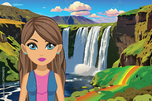 Vector art of cartoon girl with light brown hair and blue eyes stands before the skgafoss waterfall in iceland on a sunny day