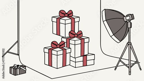 Studio Photo Shoot Setup with Stacked Presents and Lighting Equipment.