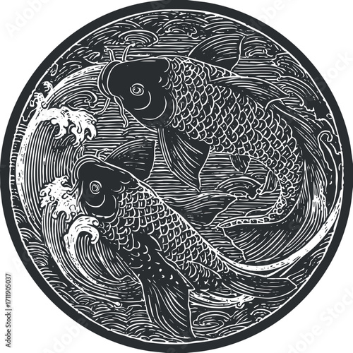 An artistic illustration of koi fish swimming in waves, symbolizing harmony and beauty.