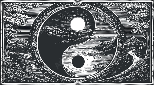 A beautifully crafted yin yang symbol depicting harmony between nature's elements with sun and moon.