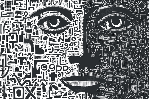 An abstract monochrome illustration featuring a stylized face composed of intricate patterns and symbols.