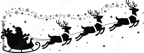Santa Claus sleigh silhouette vector, Christmas reindeer flying with gifts, festive holiday design, winter celebration illustration, seasonal decorative artwork