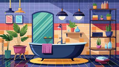 Vector art of cozy bathroom interior with bathtub, plants, and warm lighting creating a relaxing and inviting atmosphere