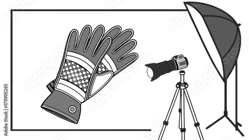 Studio Photography Setup with Gloves and Lighting Equipment.